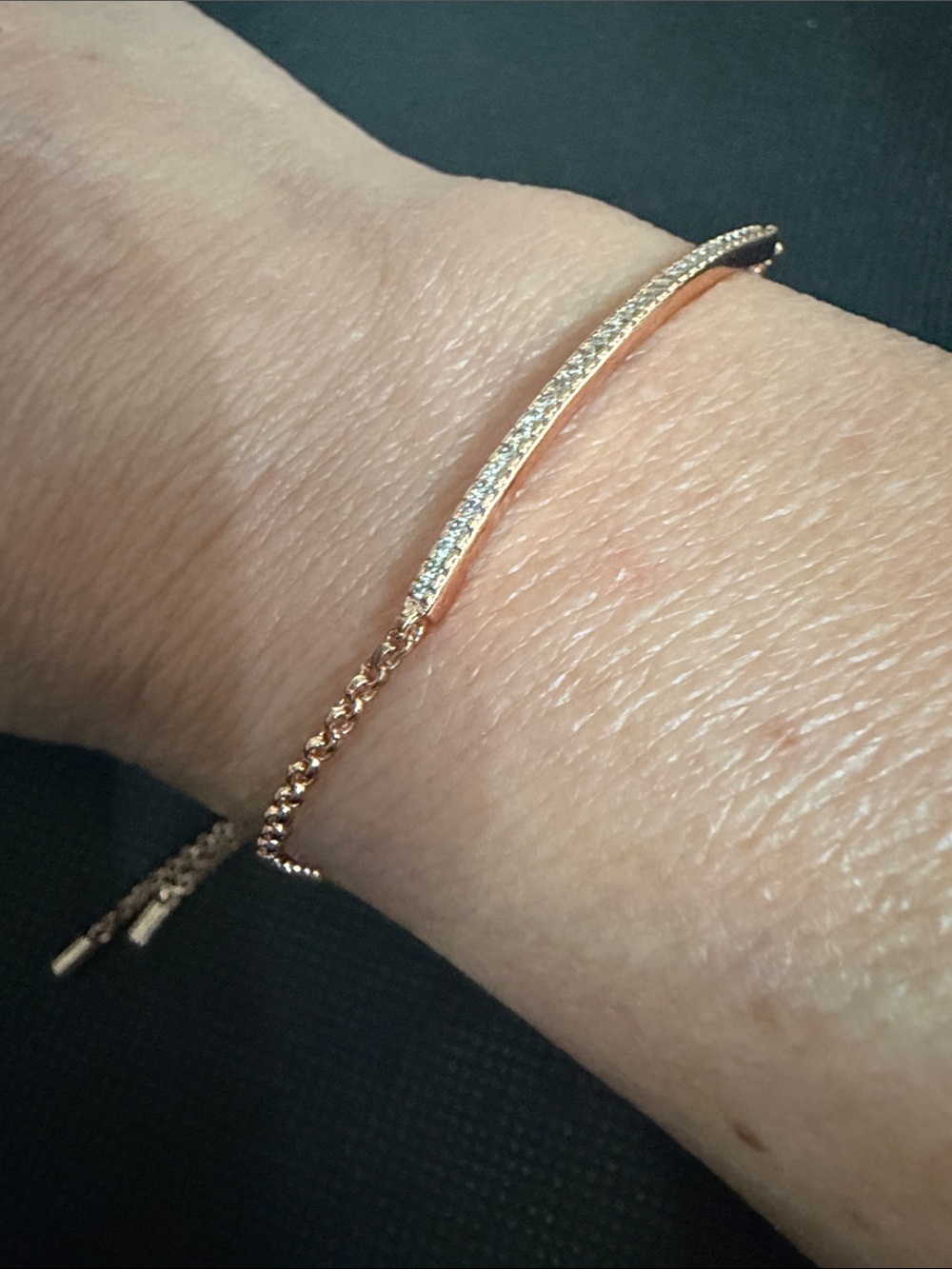 Vintage Delicate Rose Gold tone Bar bracelet with pavé crystals on a chain